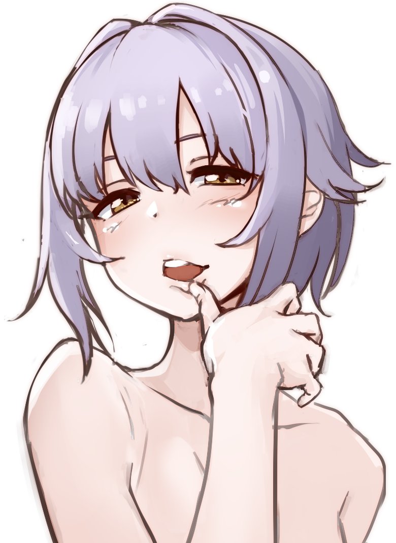 1girl breasts collarbone commentary_request grey_hair hair_between_eyes hand_up idolmaster idolmaster_cinderella_girls kakaobataa looking_at_viewer medium_breasts medium_hair nude open_mouth shiomi_syuko simple_background small_breasts solo teeth thumb_to_mouth upper_body upper_teeth_only white_background yellow_eyes