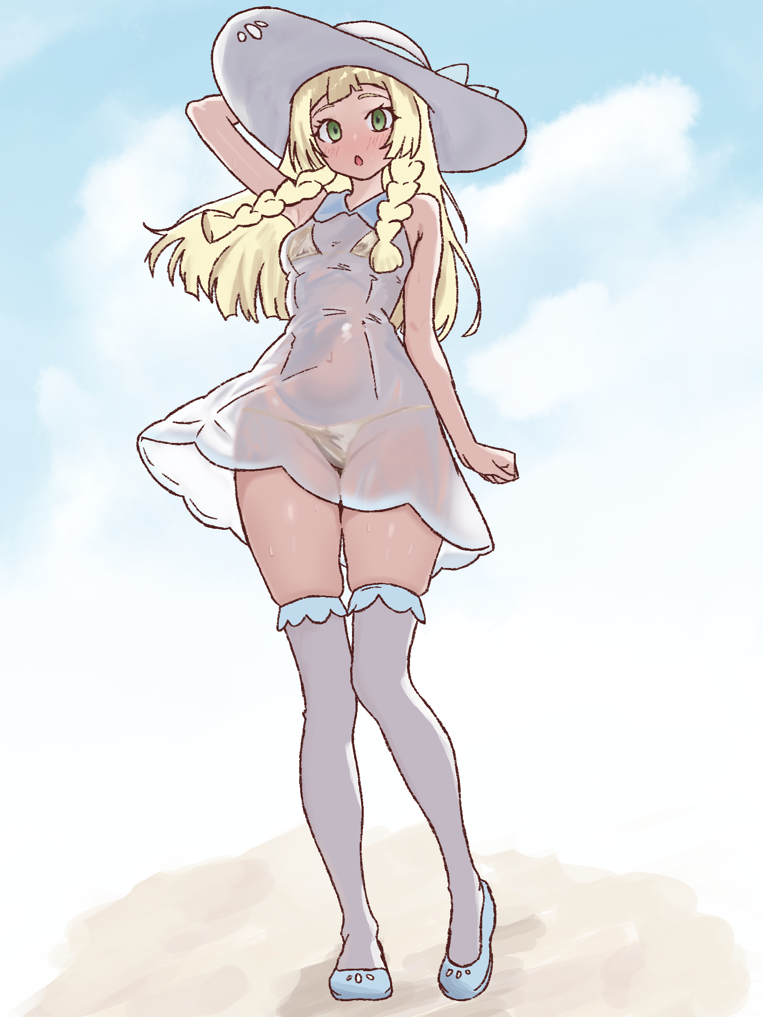 1girl arm_at_side arm_up armpit_crease bare_arms bare_shoulders bikini bikini_under_clothes blonde_hair blue_bow blue_shoes blue_sky blush bow braid breasts clenched_hand cloud collared_dress commentary covered_groin covered_navel creatures_(company) day dress full_body game_freak gold_bikini green_eyes hat hat_bow heel_up highres lillie_(pokemon) long_hair looking_at_viewer nintendo outdoors parted_lips peace_peace009 pokemon pokemon_sm sand see-through_clothes see-through_dress shoes skindentation sky sleeveless sleeveless_dress small_breasts solo standing string_bikini sun_hat swimsuit thighhighs twin_braids white_dress white_hat white_thighhighs