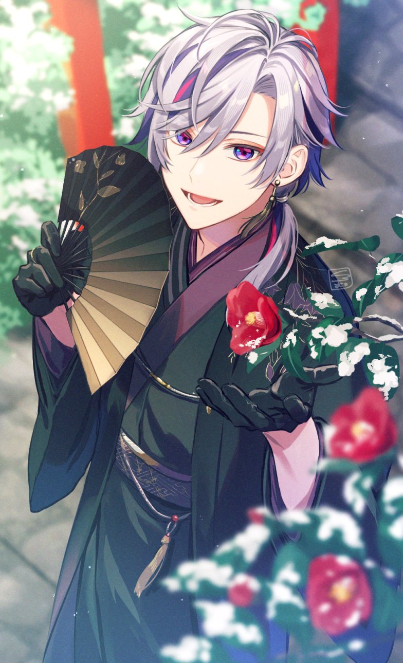 1boy :d black_gloves black_haori black_kimono blurry blurry_background blurry_foreground branch bush camellia commentary_request day earrings flower folding_fan fuwa_minato fuwa_minato_(5th_costume) gloves grey_hair hair_between_eyes hair_over_shoulder hand_fan hands_up haori highres holding holding_fan japanese_clothes jewelry kimono kuroma_(bee) light_particles long_sleeves looking_at_viewer lower_teeth_only male_focus medium_hair multicolored_eyes multicolored_hair nijisanji obi official_alternate_costume open_clothes open_mouth outdoors parted_bangs pink_eyes pink_hair purple_eyes purple_hair purple_sash red_flower sash sayagata smile snow solo stairs stone_stairs streaked_hair sunlight tassel tassel_earrings teeth virtual_youtuber wide_sleeves