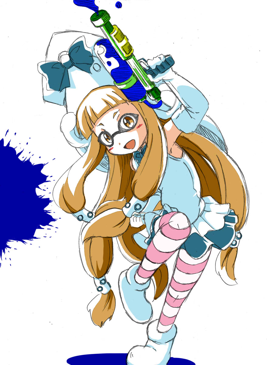 1girl :d animal_costume bow brown_eyes cosplay domino_mask elbow_gloves female_focus gloves happyswan highres holding ichihara_nina idolmaster idolmaster_cinderella_girls inkling_girl inkling_girl_(cosplay) inkling_player_character inkling_player_character_(cosplay) kigurumi leg_up light_brown_hair long_hair mask monster_girl nintendo open_mouth pantyhose pink_pantyhose pleated_skirt shirt simple_background skirt sleeveless sleeveless_shirt smile solo splatoon_(series) splatoon_1 splattershot_(splatoon) squid squid_costume striped_clothes striped_pantyhose two-tone_pantyhose white_gloves white_pantyhose
