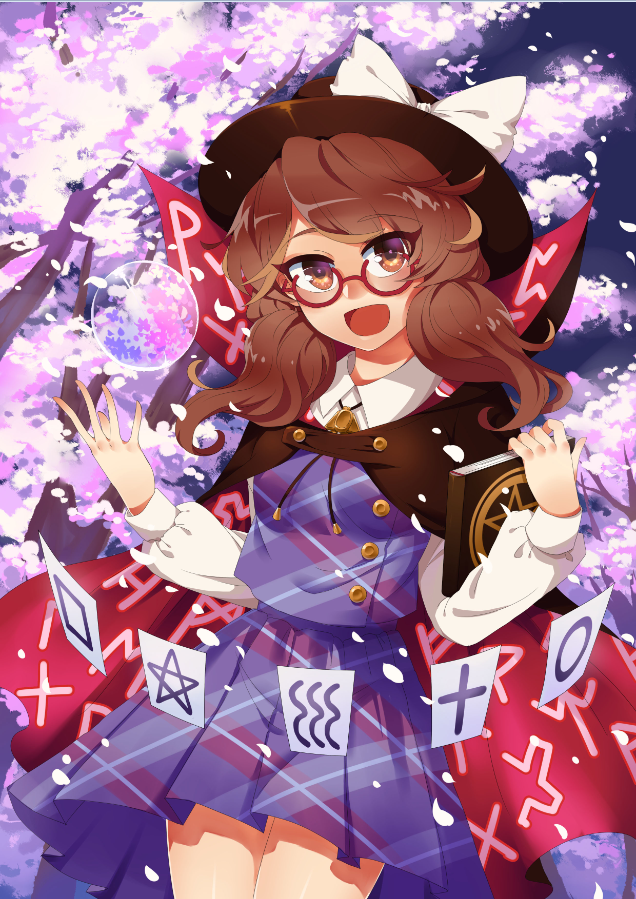 1girl :d black_cape black_hat book bow breasts brown_eyes brown_hair cape card cherry_blossoms cowboy_shot fedora female_focus glasses hands_up hat hat_bow high_collar holding holding_book long_hair long_sleeves looking_at_viewer low_twintails miniskirt occult_ball open_mouth outdoors petals plaid_clothes plaid_skirt plaid_vest pleated_skirt purple_skirt purple_vest quimbaya_airplane red-framed_eyewear runes semi-rimless_eyewear shirt skirt skirt_set small_breasts smile solo standing touhou tree twintails under-rim_eyewear usami_sumireko vest white_bow white_shirt zahyou233 zener_card