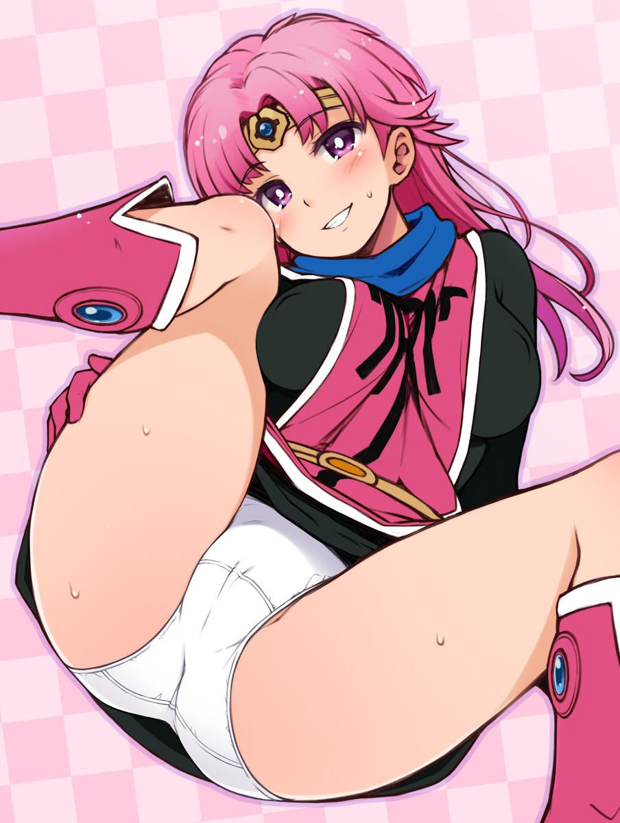 1girl blush boots checkered_background dragon_quest dragon_quest_dai_no_daibouken grin haga_yui head_tilt highres long_hair looking_at_viewer maam panties pink_background pink_hair purple_eyes simple_background smile solo spread_legs sweat underwear white_panties