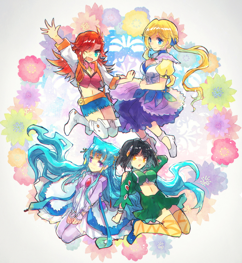 &gt;;d 4girls :o ;d bad_id bad_pixiv_id black_hair blonde_hair blue_eyes blue_hair boots cleavage_cutout clothing_cutout fang festenia_muse floral_background katia_grineal long_hair melua_melna_meia miduki66 multiple_girls navel navel_cutout nunuko_(mu661129) one_eye_closed open_mouth purple_eyes red_hair shana-mia_eterna_fura smile super_robot_wars super_robot_wars_judgement super_robot_wars_og_moon_dwellers super_robot_wars_original_generation thigh_boots thighhighs v-shaped_eyebrows yellow_eyes zettai_ryouiki