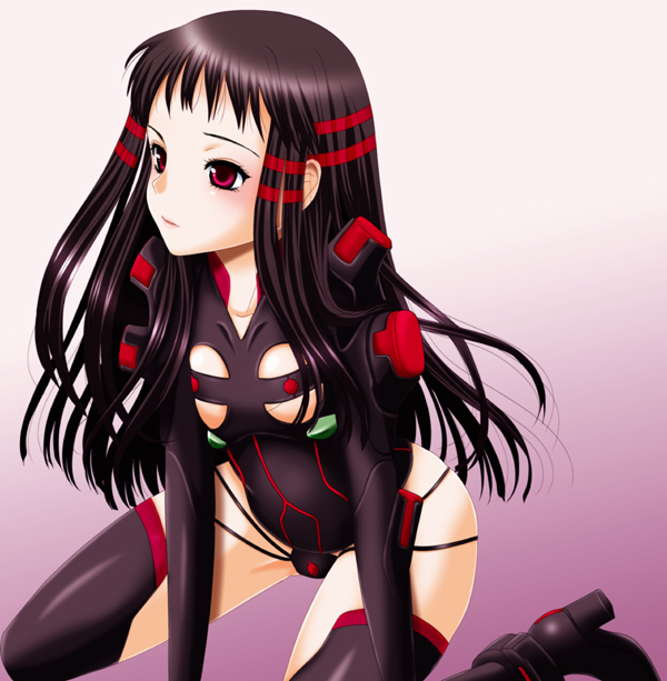 1girl ar_tonelico ar_tonelico_ii arm_support armor black_boots black_hair black_thighhighs blush bodysuit boots breasts clothing_cutout female_focus flat_chest gradient_background gust high_heel_boots high_heels inumori_sayaka jakuri_(ar_tonelico) kneeling leotard long_hair looking_to_the_side multicolored_hair purple_background red_eyes red_hair sitting small_breasts solo streaked_hair striped thighhighs two-tone_hair underboob underboob_cutout vertical_stripes very_long_hair wariza
