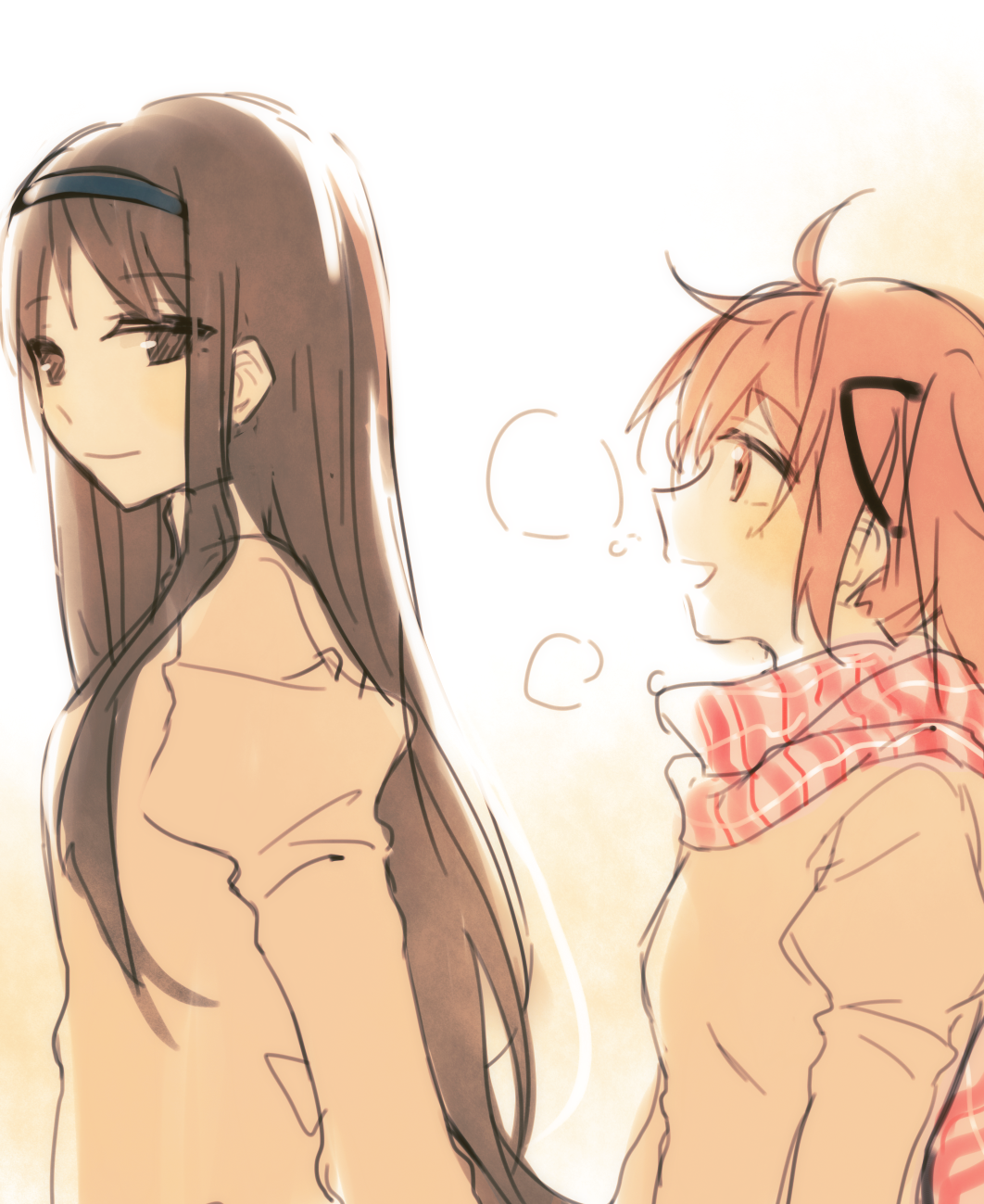 10s 2girls ahoge akemi_homura black_eyes black_hair breath hair_ribbon headband height_difference highres kaname_madoka long_hair looking_at_another mahou_shoujo_madoka_magica mahou_shoujo_madoka_magica_(anime) multiple_girls pink_eyes pink_hair ribbon scarf school_uniform short_hair smile twintails zgxuke