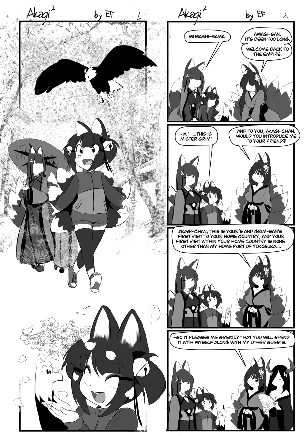 4girls 4koma akagi-chan_(azur_lane) amagi_(azur_lane) animal_ears azur_lane bald_eagle bell bird cherry_blossoms comic demon_horns eagle english_text ethan_forsythe fox_ears fox_girl fox_tail friedrich_der_grosse_(azur_lane) greyscale grim_(azur_lane) hair_bell hair_ornament highres horns japanese_clothes kimono kitsune kyuubi left-to-right_manga long_hair monochrome multiple_girls multiple_tails musashi_(azur_lane) tail umbrella