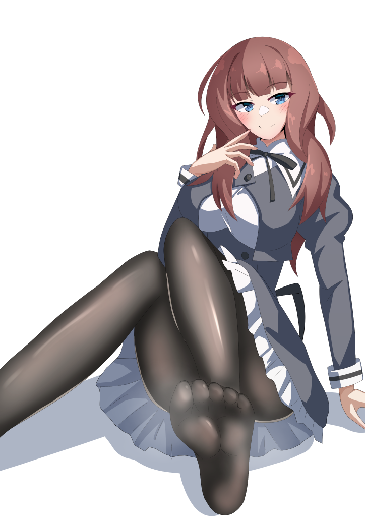 1girl arm_at_side assault_lily black_pantyhose black_ribbon black_skirt blue_eyes blunt_bangs blush breasts brown_hair buttons closed_mouth commentary_request cropped_jacket foot_out_of_frame hand_up high-waist_skirt ishitsuma_canon juliet_sleeves kaede_johan_nouvel knees_together_feet_apart knees_up large_breasts long_hair long_sleeves looking_at_viewer neck_ribbon no_shoes pantyhose puffy_sleeves ribbon school_uniform shadow shirt simple_background skirt smile soles solo steaming_body wavy_hair white_background white_shirt yurigaoka_girls_academy_school_uniform