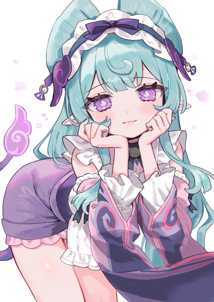 1girl blue_hair blush closed_mouth commentary detached_sleeves feet_out_of_frame frilled_hairband frills genshin_impact hairband head_on_hands leaning_forward long_hair long_sleeves nihongami pointy_ears purple_eyes saku_nosuke sleeveless solo tail tapir_tail very_long_hair white_background wide_sleeves yumemizuki_mizuki