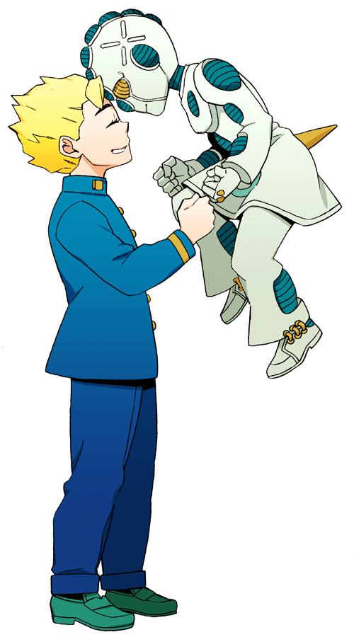 2boys blonde_hair echoes_(stand) echoes_act3 forehead-to-forehead gakuran heads_together hirose_koichi jojo_no_kimyou_na_bouken mikey_uo multiple_boys school_uniform stand_(jojo)