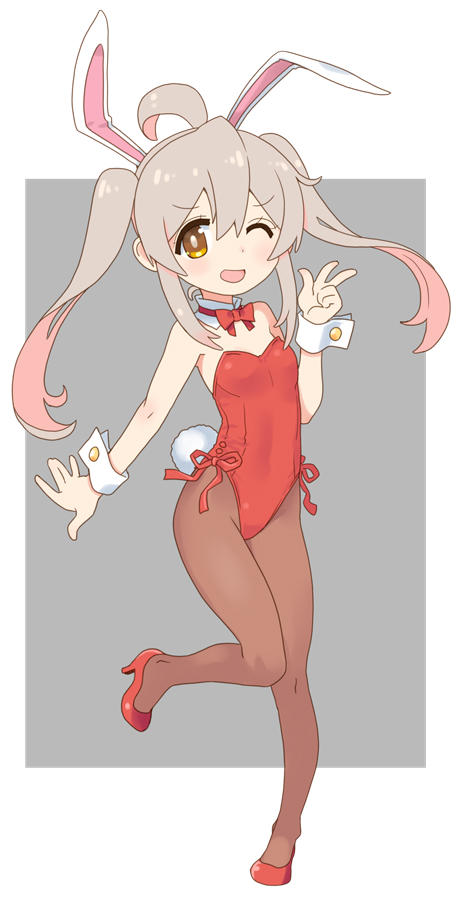 1girl ahoge animal_ears bow bowtie breasts brown_eyes brown_pantyhose commentary_request detached_collar fake_animal_ears genderswap genderswap_(mtf) grey_background grey_hair hair_between_eyes katahira_masashi leotard long_hair one_eye_closed onii-chan_wa_oshimai! oyama_mahiro pantyhose playboy_bunny rabbit_ears rabbit_tail red_bow red_bowtie red_leotard small_breasts solo standing standing_on_one_leg strapless strapless_leotard tail twintails two-tone_background v wrist_cuffs