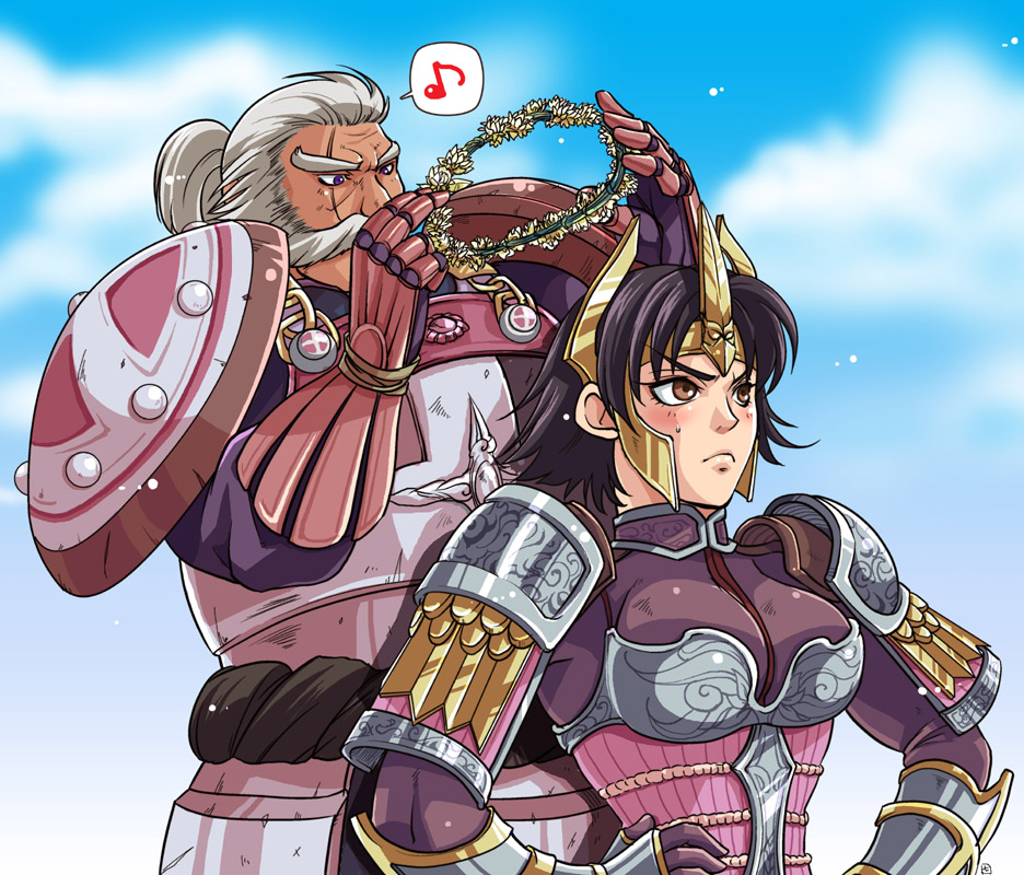 1boy 1girl a.k-show armor black_hair blush brown_eyes couple crown facial_hair grey_hair hands_on_own_hips long_hair ponytail purple_eyes scar sengoku_musou sengoku_musou_2 shimazu_yoshihiro short_hair tachibana_ginchiyo wreath