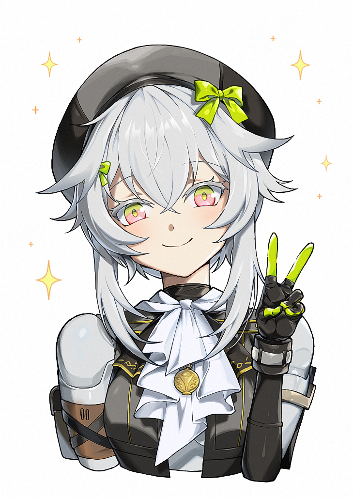 1girl ascot black_vest bow closed_mouth commentary dushevnaya_(girls&#039;_frontline_2) english_commentary girls&#039;_frontline girls&#039;_frontline_2:_exilium gradient_eyes green_bow green_eyes grey_hair hair_bow hat hat_bow head_tilt honi_(ohohoni) ksvk_(girls&#039;_frontline) mechanical_arms multicolored_eyes pink_eyes simple_background smile solo sparkle upper_body v vest white_ascot white_background