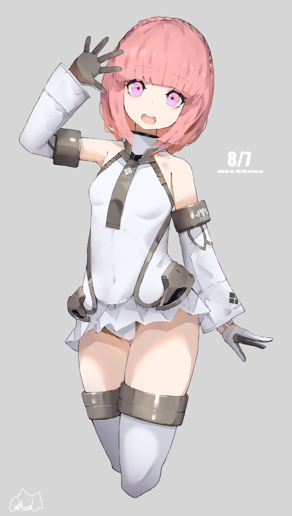 1girl aikawa_aika alice_gear_aegis arm_up bare_shoulders black_gloves braid breasts character_name commentary_request covered_navel crown_braid detached_sleeves gloves grey_background leotard looking_at_viewer microskirt open_mouth pink_eyes pink_hair red_cat_hood short_hair signature simple_background skirt sleeveless_turtleneck_leotard small_breasts smile solo teeth thighhighs two-tone_gloves upper_teeth_only white_gloves white_leotard white_skirt white_thighhighs