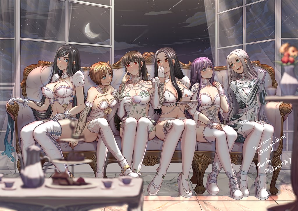 6+girls akira_(live2bakira) android artist_name black_hair blue_eyes breasts brown_eyes couch cup enya_(stellar_blade) eve_(stellar_blade) flower gloves grey_hair holding holding_cup kaya_(stellar_blade) lily_(stellar_blade) lingerie long_hair made_in_2024 midriff moon multiple_girls navel night night_sky on_couch own_hands_together ponytail purple_hair raven_(stellar_blade) revision sample_watermark sitting sky smile stellar_blade tachy_(stellar_blade) thighhighs underwear vase watermark white_footwear white_gloves white_thighhighs