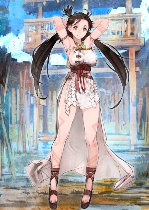 1girl arm_tattoo armlet armpits arms_behind_head bare_shoulders bead_necklace beads breasts brown_hair brown_sandals brown_sash closed_mouth dress fate/grand_order fate_(series) full_body game_cg grey_eyes hair_tie high-low_dress himiko_(fate) himiko_(first_ascension)_(fate) jewelry large_breasts leg_tattoo long_hair looking_at_viewer magatama magatama_necklace necklace official_art platform_sandals ponytail sandals shide short_ponytail sideboob sideless_dress smile solo standing strapless strapless_dress tattoo third-party_source toes toi8 underbust variant_set very_long_hair white_dress