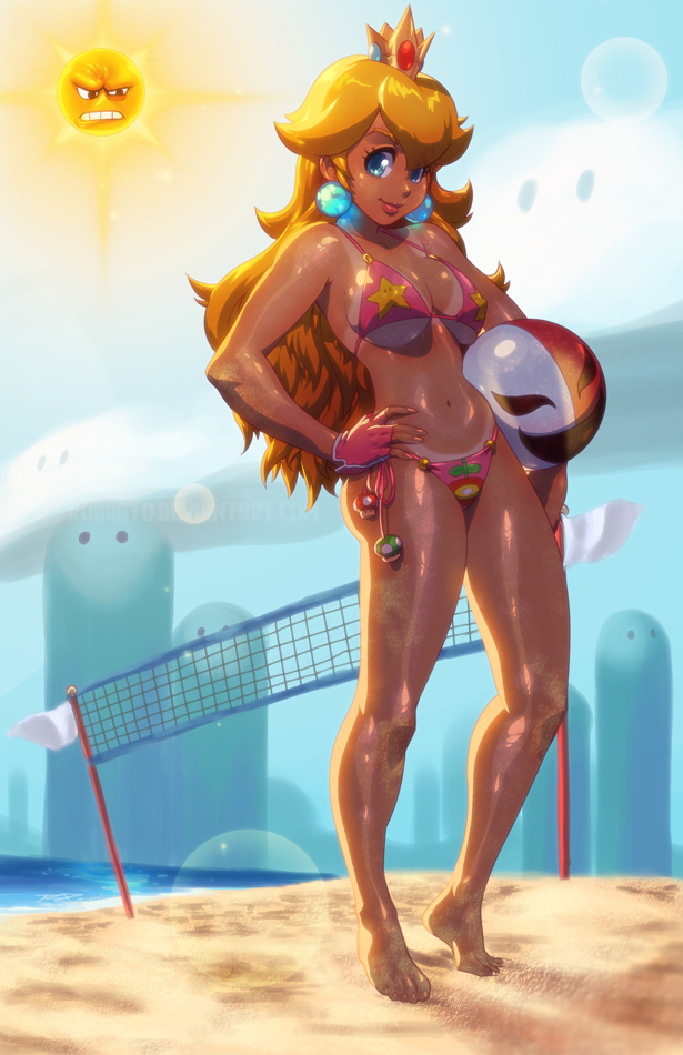 1-up_mushroom 1girl 1up angry_sun ball barefoot beachball bikini bikini_tan blonde_hair blue_eyes breasts dark-skinned_female dark_skin earrings feet female_focus fingerless_gloves full_body gloves glowing hand_on_own_hip jewelry large_breasts lips long_hair mario_(series) medium_breasts mushroom nail_polish navel nintendo oiled phanto princess_peach robaato sand side-tie_bikini_bottom sideboob smile solo standing sun super_mario_bros._3 super_mushroom swimsuit tan tanline toes underboob