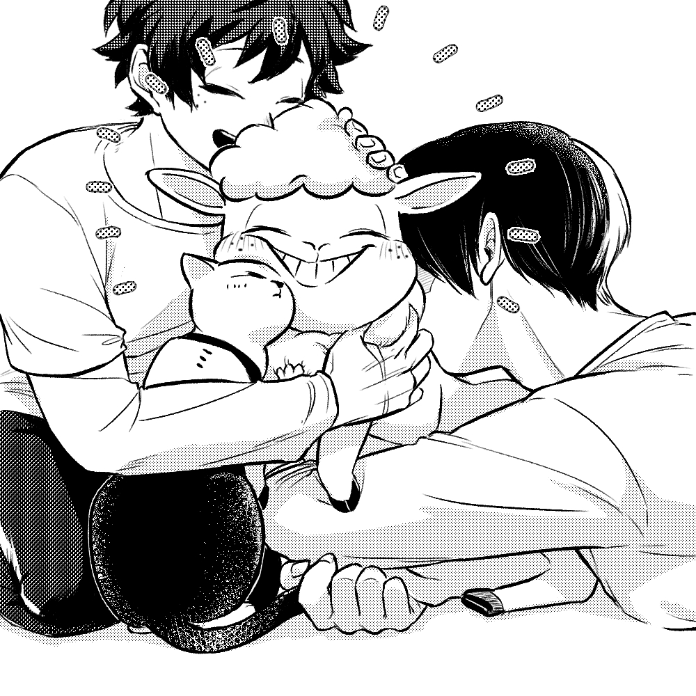 2boys betsu_aka2 blush boku_no_hero_academia bones_(company) cat curly_hair dekusheep freckles fur group_hug hug lying midoriya_izuku multicolored_hair multiple_boys scar sheep short_hair shounen_jump shoutocat sitting smile teeth todoroki_shouto two-tone_hair wool