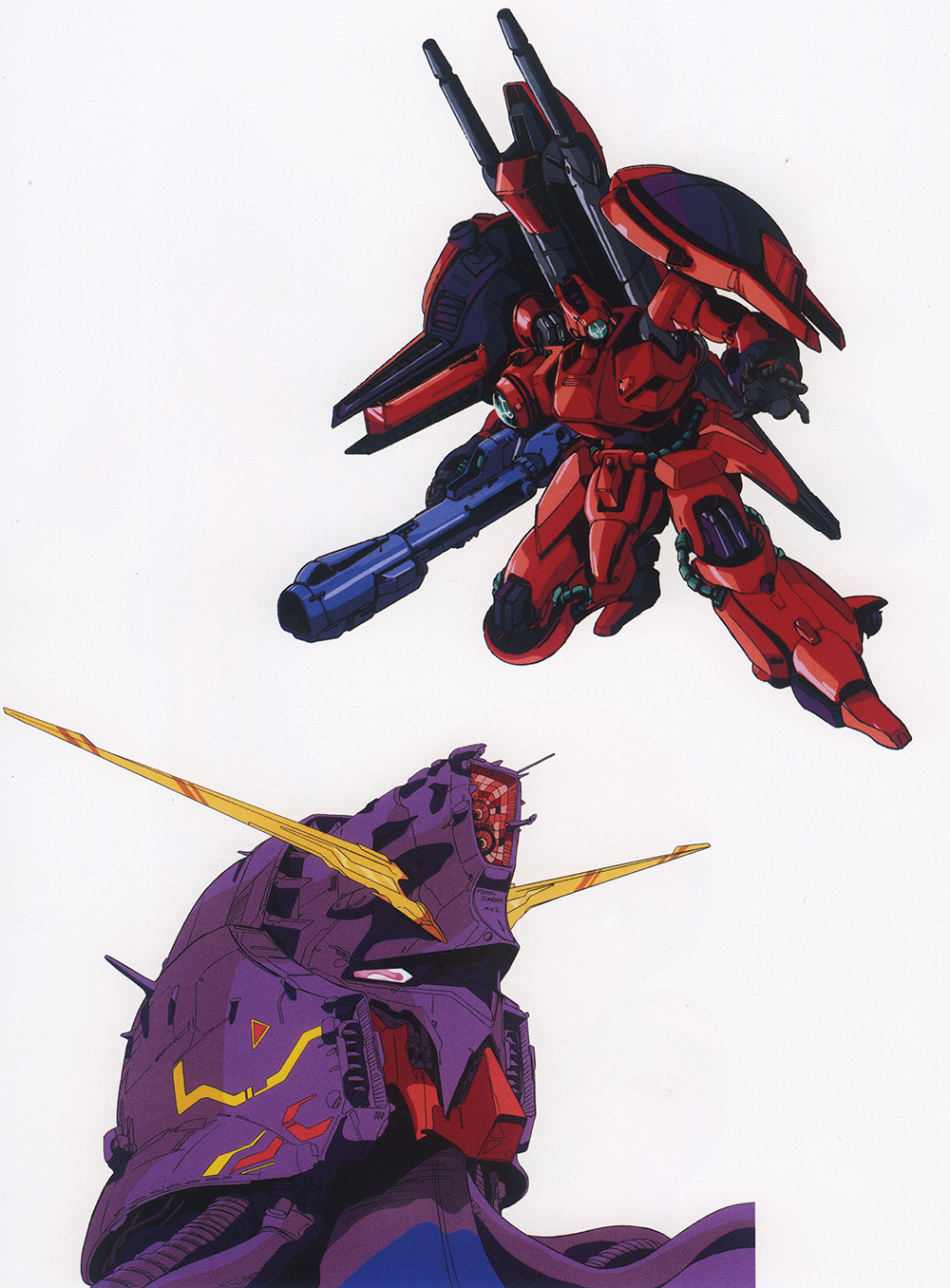 1980s_(style) 1990s_(style) beam_cannon cable gaza-c gundam gundam_zz highres key_visual machinery mecha mecha_focus mobile_suit neo_zeon no_humans official_art oldschool promotional_art psyco_gundam_mk_ii retro_artstyle robot scan shield titans_(gundam) traditional_media upper_body v-fin white_background zeta_gundam