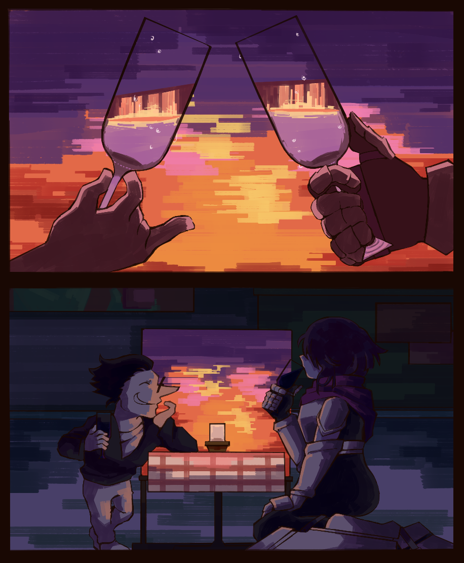 1boy 1other armor black_bodysuit black_jacket bodysuit candle cup deltarune drinking drinking_glass elbow_on_table full_body glasses holding holding_cup jacket kris_(dark_world)_(deltarune) kris_(deltarune) mamaito pants pinky_out seiza shirt short_hair shoulder_armor sitting spamton_g._spamton standing table toasting_(gesture) white_pants white_shirt