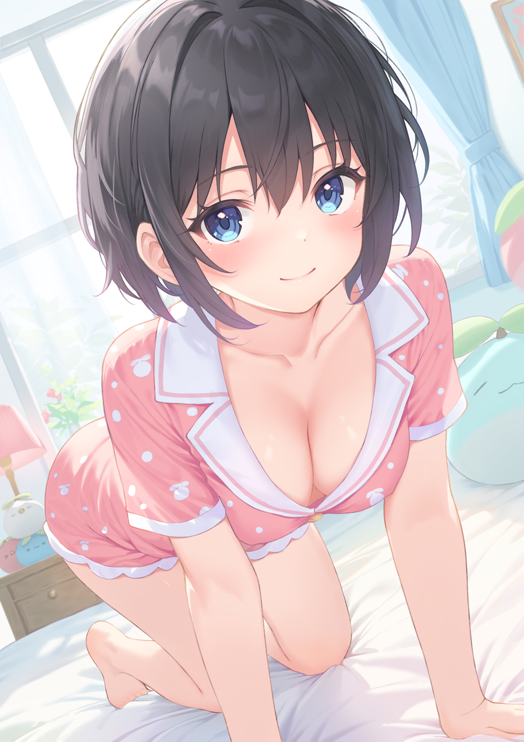 1girl all_fours arisugawa_riu bed_sheet black_hair blue_eyes breasts chest_of_drawers cleavage closed_mouth collarbone curtains highres indoors looking_at_viewer medium_breasts on_bed original pajamas pink_pajamas polka_dot polka_dot_pajamas rebun short_hair sleepwear smile solo window
