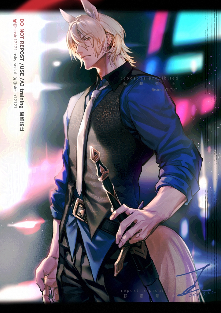 1boy animal_ears arknights black_vest blonde_hair blue_shirt commentary_request cowboy_shot holding holding_sword holding_weapon horse_boy horse_ears horse_tail letterboxed looking_at_viewer male_focus mlynar_(arknights) shin_(sinsin12121) shirt short_hair solo sword tail vest weapon yellow_eyes