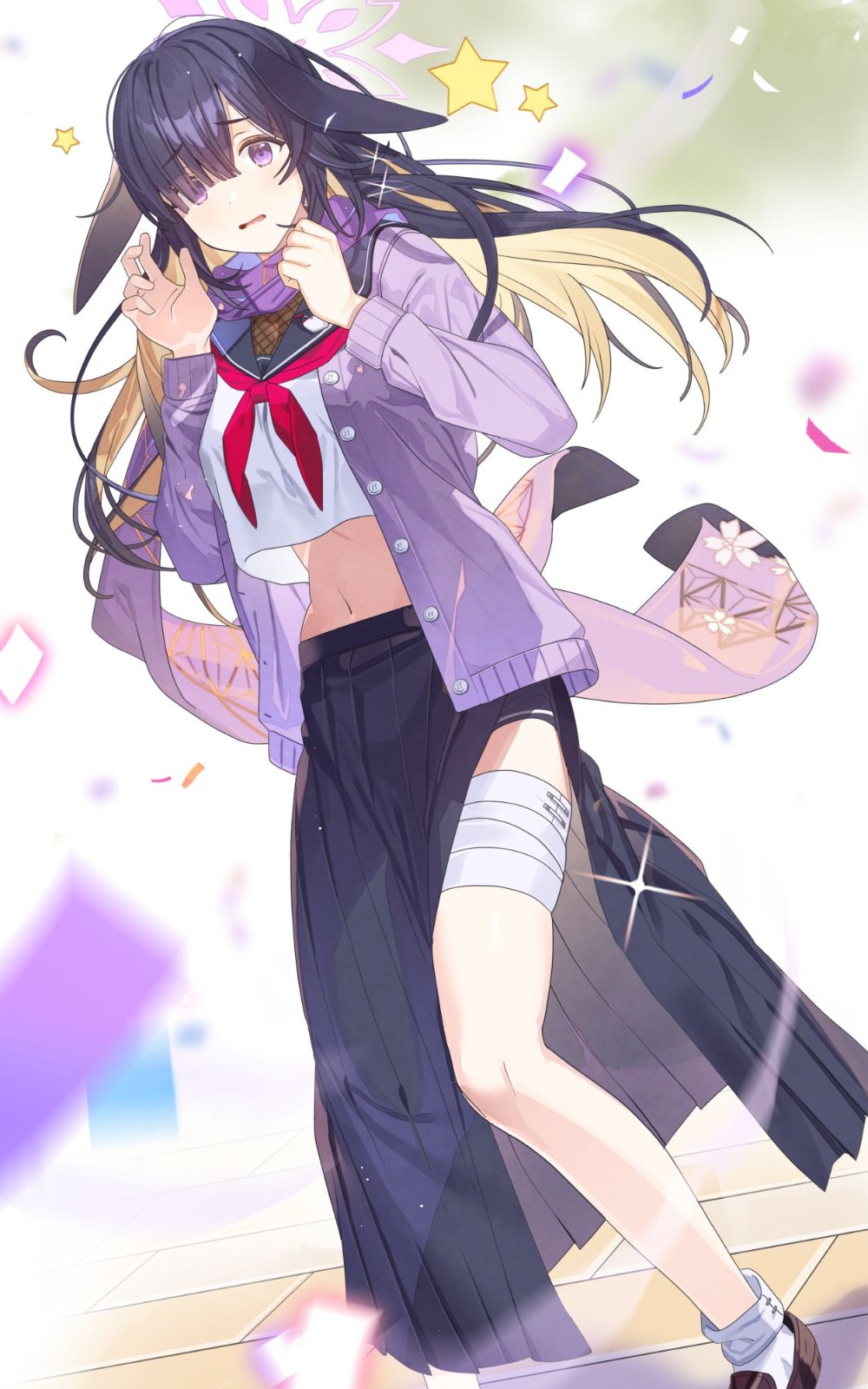 1girl animal_ears bandages blonde_hair blue_archive breasts cardigan fishnets halo koyoi_mitsuki large_breasts long_hair long_skirt looking_back navel pink_halo purple_cardigan purple_eyes purple_hair school_uniform serafuku shoes skirt socks solo standing star_(symbol) tsukuyo_(blue_archive) twitter white_socks