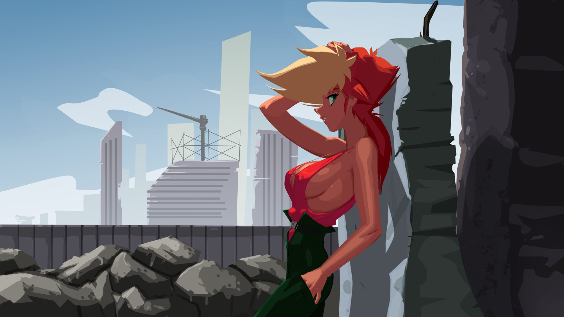 1girl arm_behind_head blonde_hair breasts commentary dark-skinned_female dark_skin dirty_pair dirty_pair_flash colored_bangs english_commentary from_side green_eyes hand_in_pocket highres kei_(dirty_pair_flash) looking_at_viewer medium_breasts morganagod multicolored_hair red_hair short_hair sideboob solo