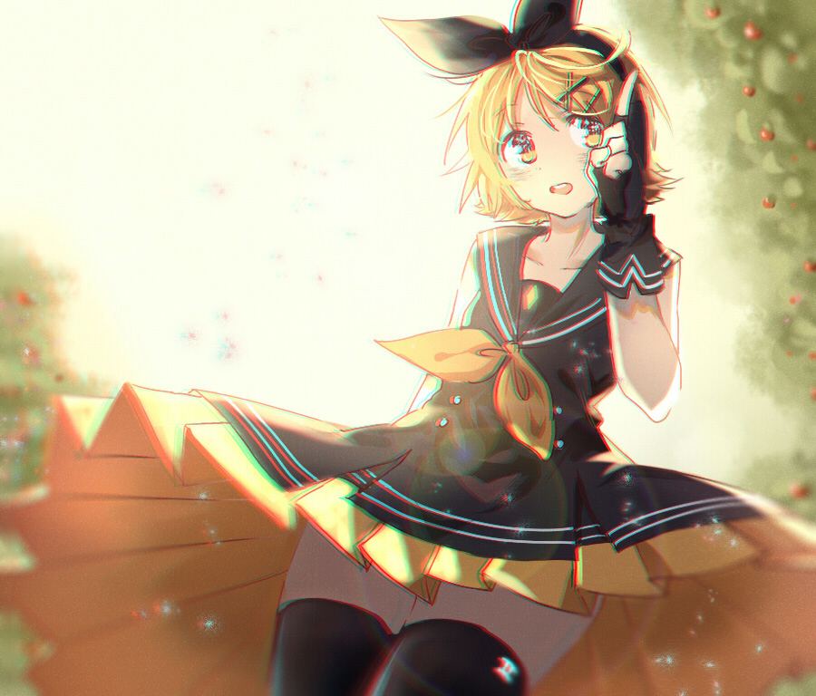 1girl black_bow black_collar black_dress black_gloves black_thighhighs blonde_hair blurry blurry_background bow chromatic_aberration collar collared_dress commentary cowboy_shot dress fingerless_gloves food fruit gloves hair_bow hair_ornament hairclip hand_up index_finger_raised kagamine_rin neckerchief pleated_dress rollisy sailor_collar short_hair swept_bangs thighhighs vocaloid sour_model_(mikumikudance) yellow_eyes yellow_neckerchief zettai_ryouiki