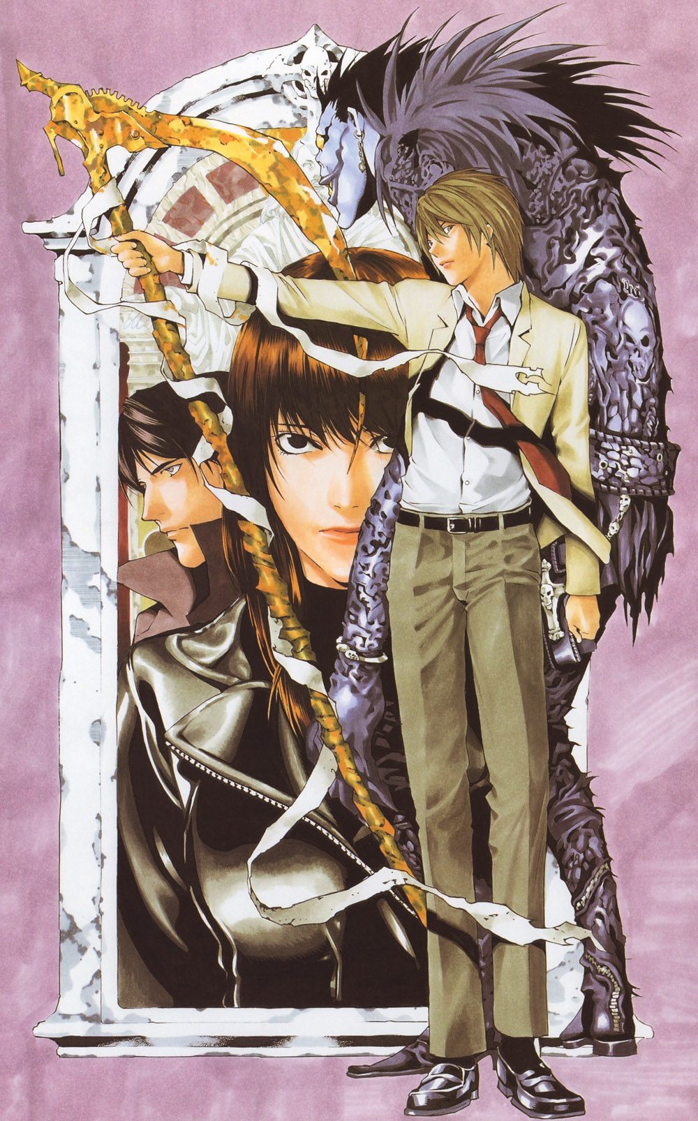 1girl 3boys belt black_hair blazer brown_hair death_note highres holding holding_scythe jacket jewelry leather leather_jacket long_bangs misora_naomi multiple_boys necktie obata_takeshi official_art pants raye_penber ryuk school_uniform scythe shinigami shirt shoes tsurime white_shirt yagami_light zipper