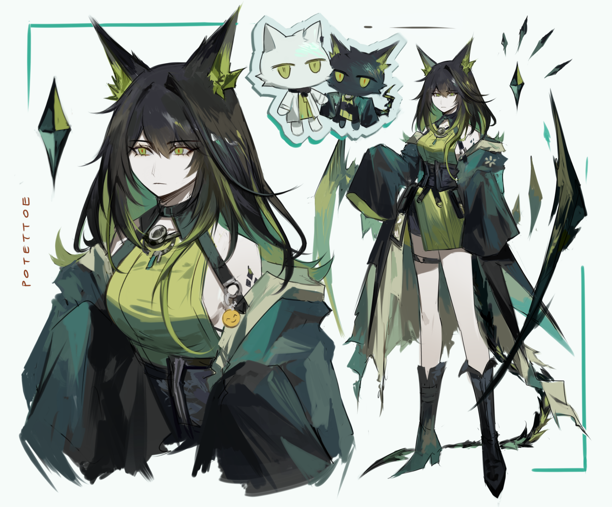 2girls animal_ears animalization arknights artist_name black_boots black_coat boots breasts cat_ears cat_girl chibi chibi_inset coat commentary dress green_dress green_eyes hair_between_eyes high_heel_boots high_heels highres holding_hands kal'tsit_(arknights) knee_boots lab_coat material_growth medium_breasts medium_hair mon3tr_(arknights) multiple_girls multiple_views open_clothes open_coat oripathy_lesion_(arknights) potettoe sleeveless sleeveless_dress sleeves_past_fingers sleeves_past_wrists tail white_background