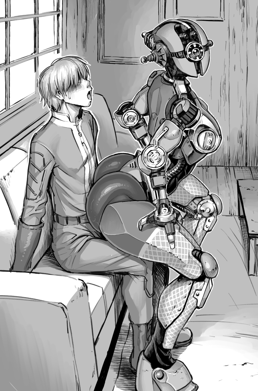 1boy 1girl ass assaultron boots couch double_deck fallout fallout_76 gloves hair_over_eyes hetero highres indoors lap_dance monochrome open_mouth robophilia robot robot_girl short_hair sitting
