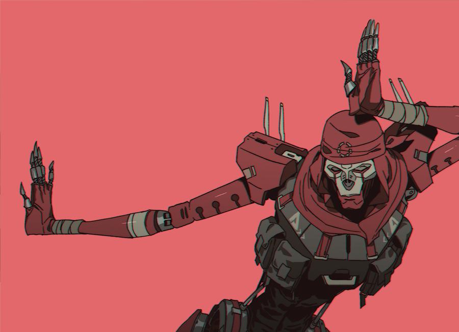 1boy apex_legends bandaged_arm bandages bandana classic_revenant dancing easy_breezy eizouken_ni_wa_te_wo_dasu_na! grey_eyes humanoid_robot looking_down male_focus no_humans open_hands parody piston red_background red_bandana revenant_(apex_legends) robot sarah_stone science_fiction simulacrum_(titanfall) solo