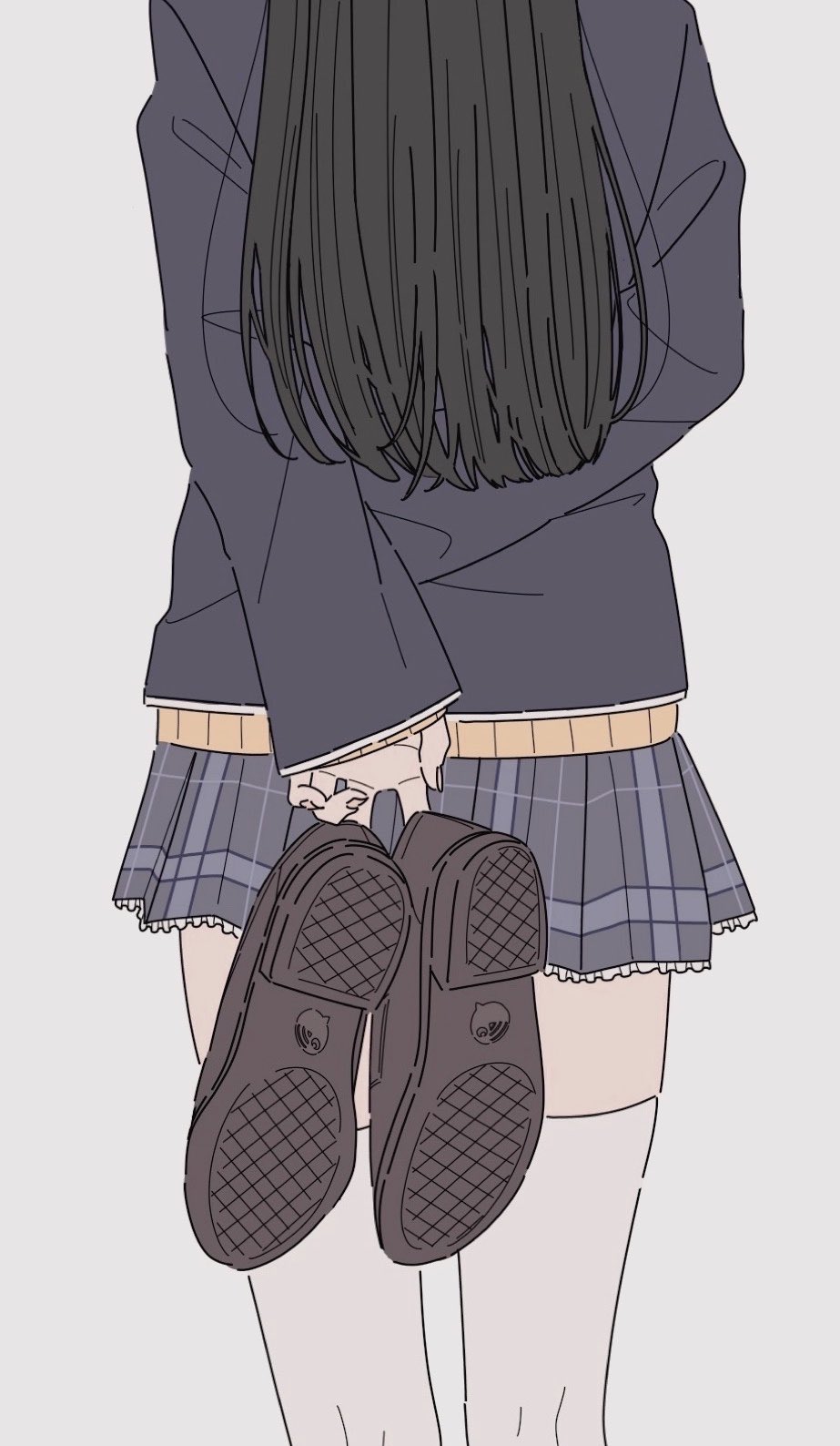 1girl arms_behind_back black_hair black_jacket brown_cardigan cardigan cowboy_shot from_behind grey_skirt highres holding holding_shoes holding_unworn_clothes jacket kamatama_rom loafers long_hair lower_body miniskirt nijisanji plaid_clothes plaid_skirt pleated_skirt shoes simple_background skirt solo standing thighhighs tsukino_mito tsukino_mito_(1st_costume) unworn_shoes virtual_youtuber white_background white_thighhighs zettai_ryouiki
