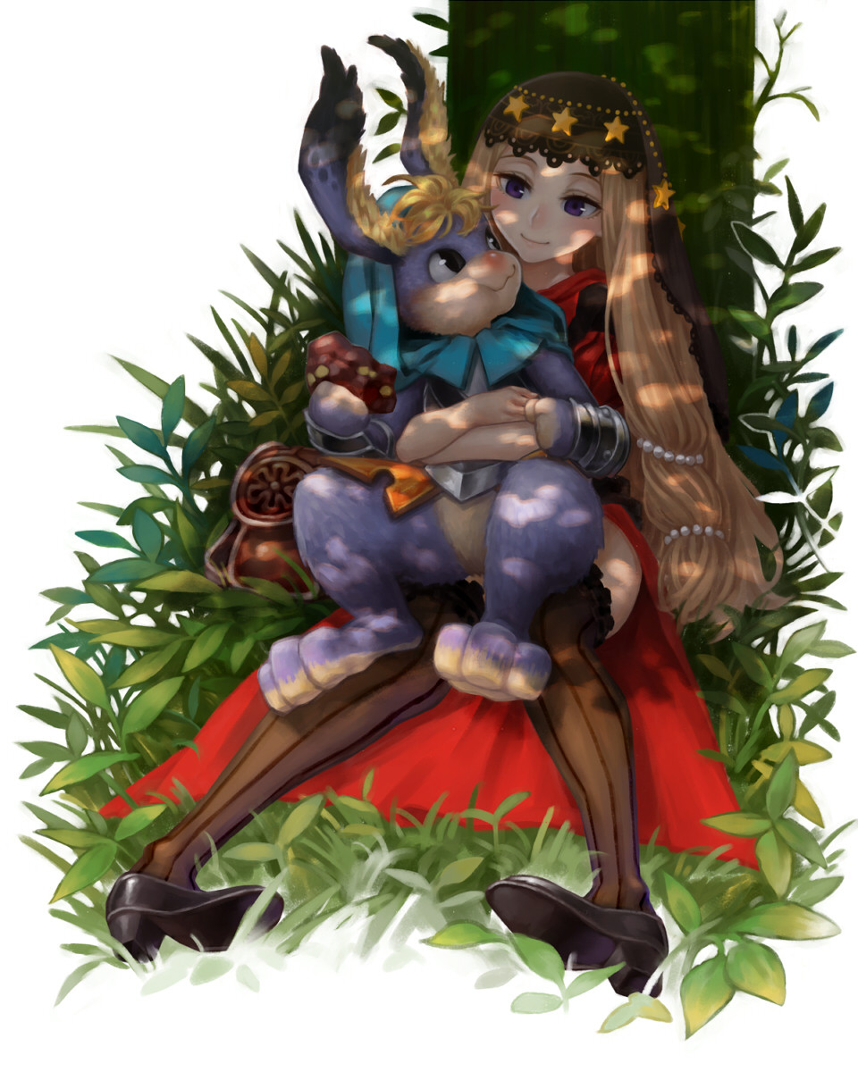 1boy 1girl blonde_hair blush cornelius_(odin_sphere) eating full_body grass high_heels highres hug hug_from_behind kahadu_(kawazu) leaf long_hair looking_at_another odin_sphere purple_eyes purple_fur rabbit sitting smile thighhighs tree velvet_(odin_sphere)
