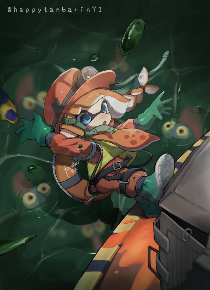 asymmetrical_hair blue_eyes boots braid bulging_eyes chum_(splatoon) colored_sclera domino_mask falling gloves green_gloves helmet high-visibility_clothing high-visibility_vest jumpsuit lifebuoy mask mohawk nintendo orange_hair orange_jumpsuit orange_overalls overalls pointy_ears pushing_away rubber_boots rubber_gloves salmon_run_(splatoon) salmonid scrapper_(splatoon) single_braid splatoon_(series) splatoon_3 suction_cups swim_ring tambarin_inoue tentacle_hair twitter_username yellow_sclera