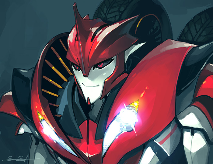 1boy black_background black_sclera colored_sclera commentary decepticon english_commentary english_text glowing knockout_(transformers) looking_ahead male_focus mecha no_humans red_eyes robot sarah_stone science_fiction smirk solo transformers transformers_prime upper_body