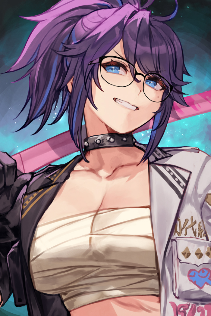 1girl bandaged_chest black-framed_eyewear black_collar black_jacket breasts collar collarbone delinquent glass high_ponytail holding holding_sword holding_weapon hungry_clicker jacket kson large_breasts medium_hair multicolored_jacket over_shoulder ponytail purple_hair sarashi smirk solo souchou spiked_collar spikes sword sword_over_shoulder upper_body virtual_youtuber vshojo weapon weapon_over_shoulder white_jacket wooden_sword