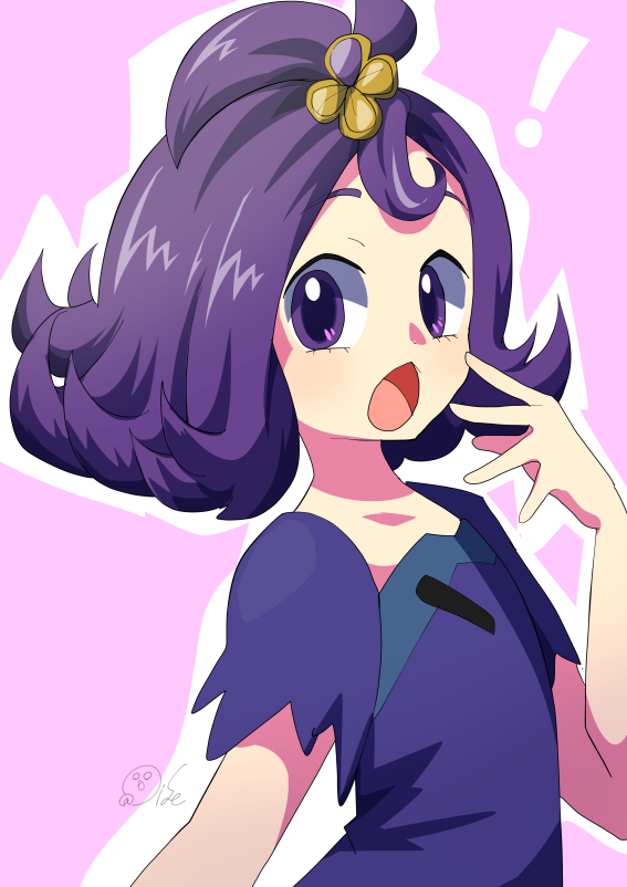 ! 1girl :o acerola_(pokemon) commentary_request dress flipped_hair hair_ornament hand_up looking_at_viewer looking_to_the_side nintendo oooise open_mouth pokemon pokemon_sm purple_dress purple_eyes purple_hair short_sleeves solo stitches tongue topknot torn_clothes torn_dress upper_body