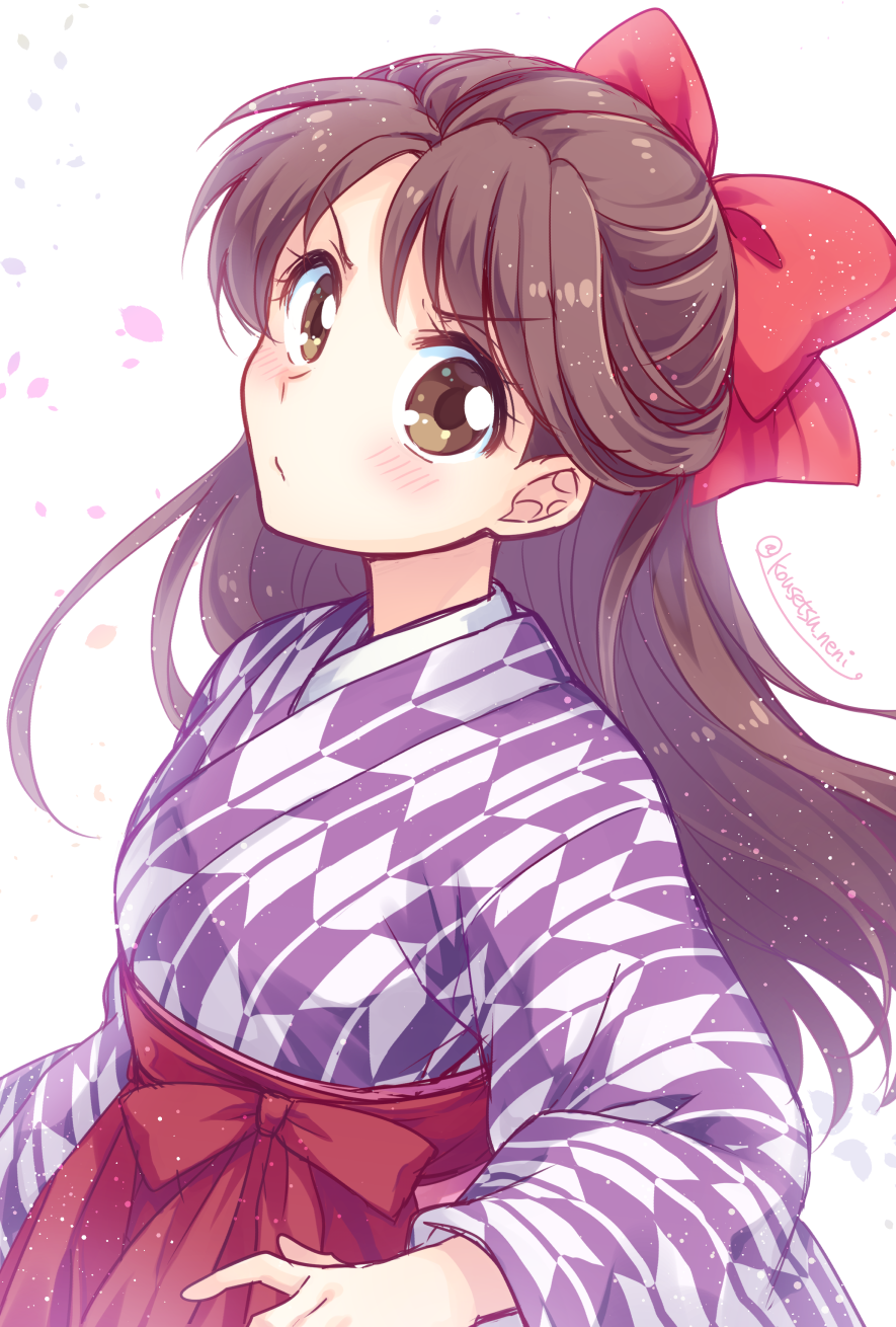 1girl blush bow brown_eyes brown_hair closed_mouth floating_hair haikara-san_ga_tooru hair_bow hakama hanamura_benio highres japanese_clothes kimono kousetsu long_hair looking_at_viewer multicolored_kimono purple_kimono red_bow red_hakama solo twitter_username upper_body v-shaped_eyebrows very_long_hair white_background white_kimono yagasuri