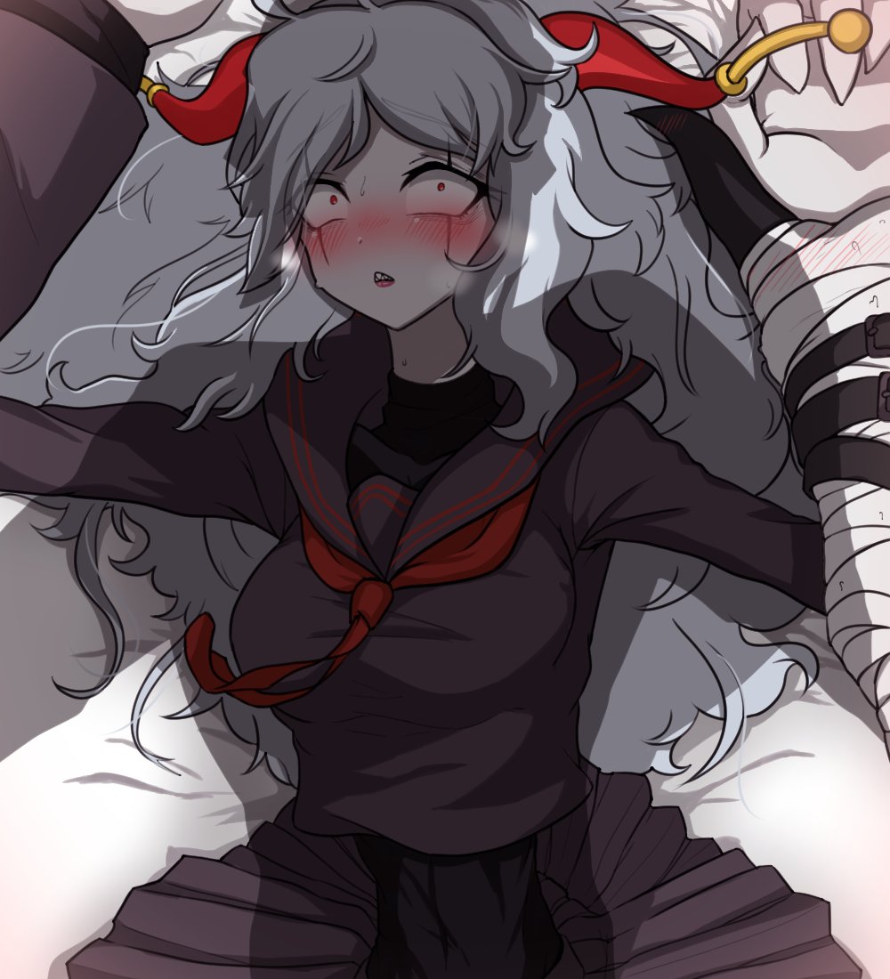 1boy 1girl archnemon blush digimon digimon_(creature) fearful mummymon red_pupils school_uniform shadow sharp_teeth solo_focus teeth white_hair