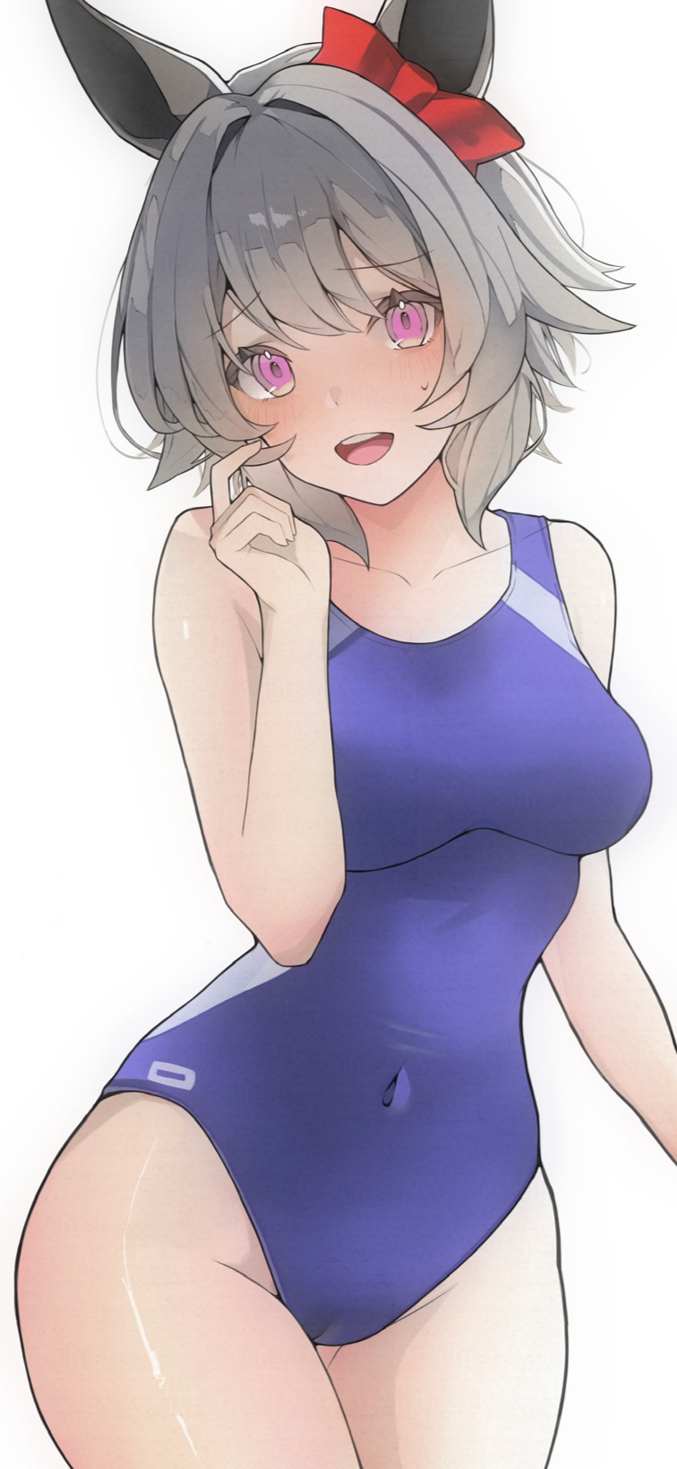 1girl animal_ears blue_one-piece_swimsuit blush competition_swimsuit covered_navel cowboy_shot curren_chan_(umamusume) ear_covers embarrassed grey_hair highres horse_ears miya_(myagi_0131) nose_blush one-piece_swimsuit playing_with_hair purple_eyes short_hair simple_background solo swimsuit two-tone_swimsuit umamusume white_background