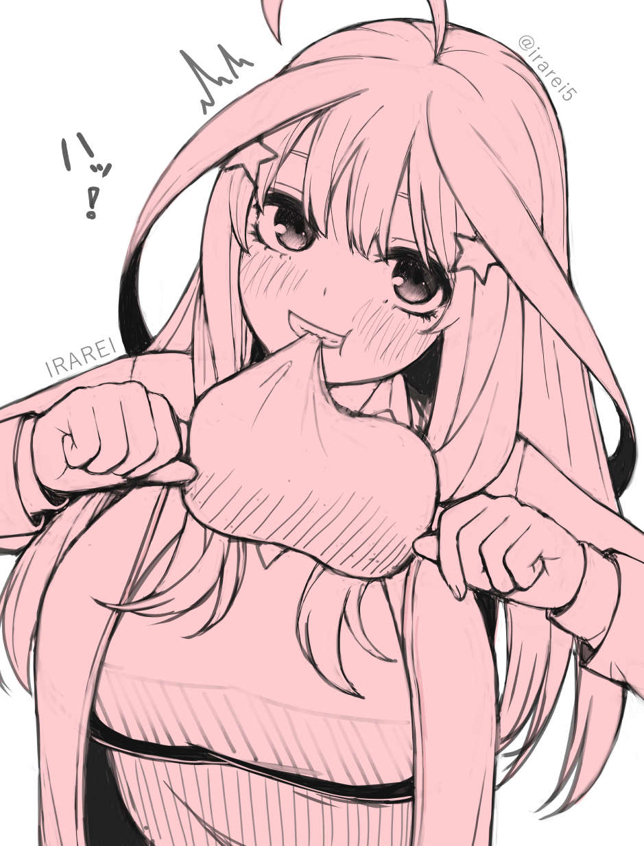 ! 1girl :t ^^^ ahoge artist_name blazer blush boned_meat breasts commentary_request double-parted_bangs eating eyebrows_hidden_by_hair eyelashes food food_in_mouth go-toubun_no_hanayome grin hair_ornament hands_up happy head_tilt highres holding holding_food irarei_(araisanblog) jacket large_breasts long_hair looking_at_viewer meat meat_day monochrome nakano_itsuki school_uniform sidelocks simple_background smile solo star_(symbol) star_hair_ornament straight-on twitter_username upper_body upturned_eyes white_background