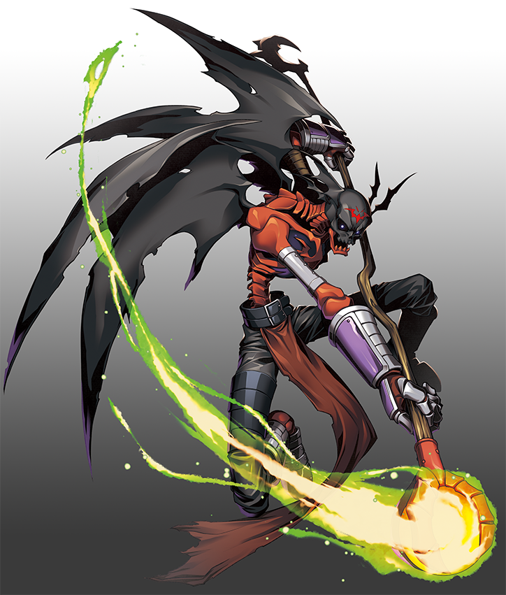 1boy artist_request attack bat_wings demon demon_wings digimon digimon_(creature) full_body gradient_background head_wings holding holding_weapon looking_at_viewer mark_of_evil skeleton skull skullsatamon solo staff weapon wings