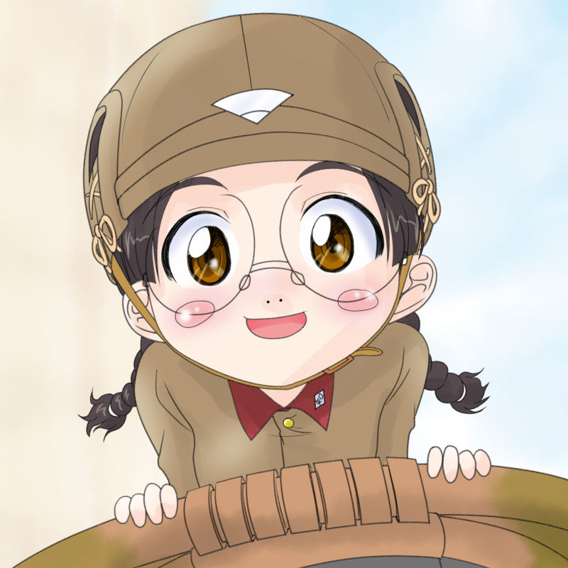 1girl blush braid brown_eyes brown_hair brown_helmet brown_jacket chi-hatan_military_uniform fukuda_haru girls_und_panzer glasses hands_on_ground helmet jacket long_braid long_hair open_mouth round_eyewear smile t_jiroo_(ringofriend) tank_helmet twin_braids