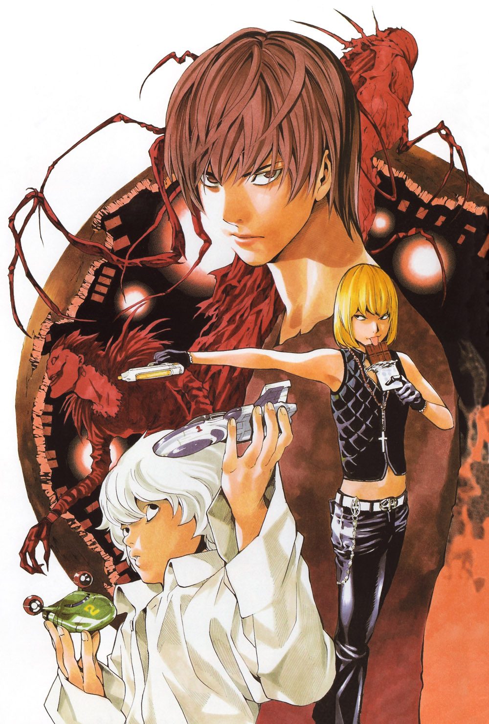 black_gloves black_vest blonde_hair brown_eyes brown_hair candy chocolate chocolate_bar cross cross_necklace death_note food gloves goth_fashion gun highres holding holding_gun holding_weapon jewelry male_focus mello_(death_note) near_(death_note) necklace obata_takeshi official_art pants ryuk shinigami shirt tsurime vest weapon white_shirt yagami_light zipper