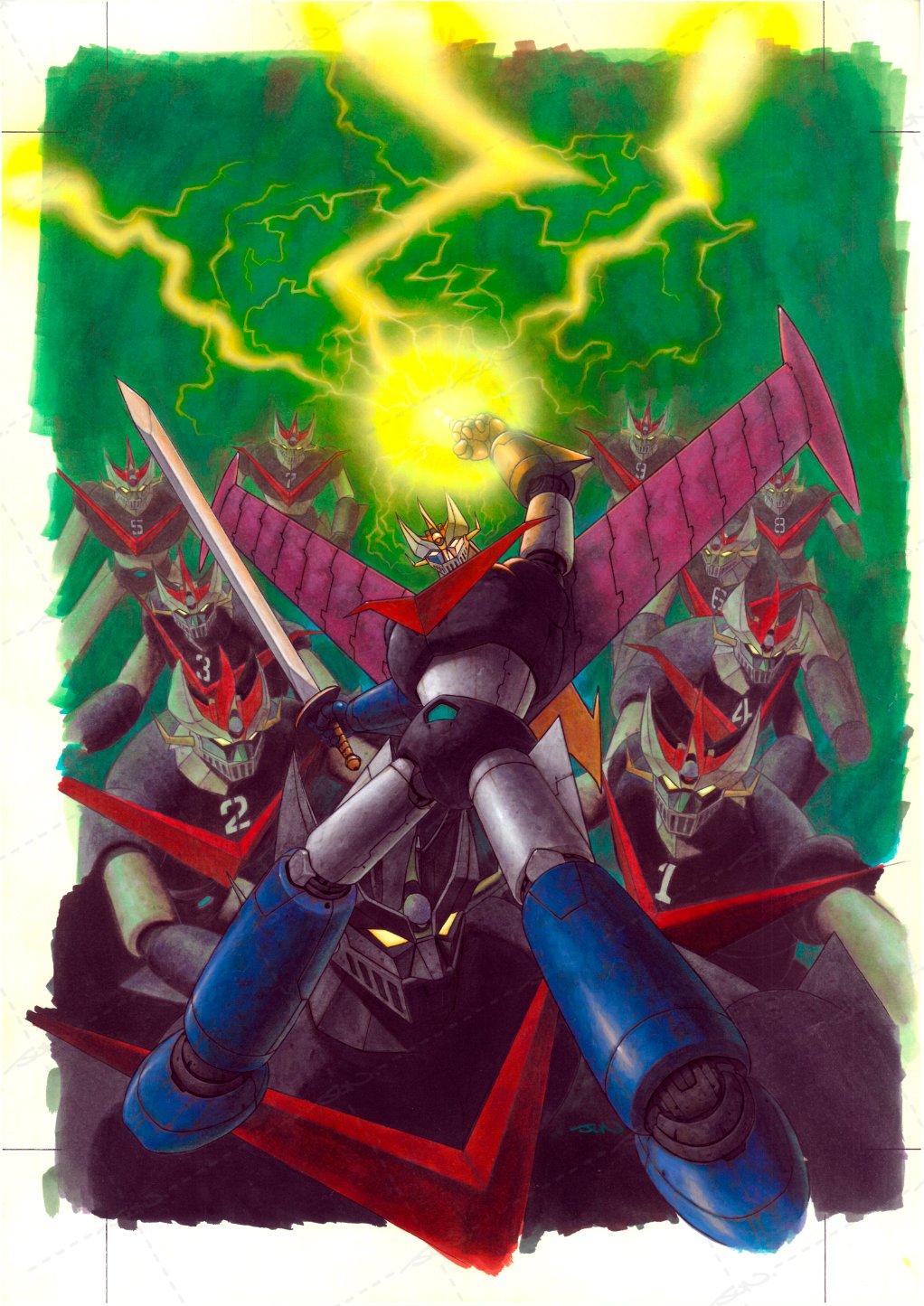 arm_up armor black_armor clone electricity electrokinesis glowing glowing_eyes great_mazinger great_mazinger_(robot) green_background grey_armor highres holding holding_sword holding_weapon horns index_finger_raised lightning looking_at_viewer mazinger_(series) mecha mecha_focus mechanical_wings multicolored_armor nakamura_jun&#039;ichi number_print robot super_robot sword weapon wings yellow_eyes