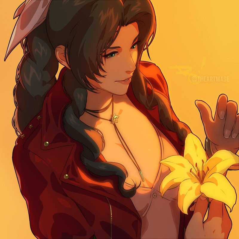 1girl aerith_gainsborough bangle bracelet braid braided_ponytail breasts brown_hair choker cleavage dress final_fantasy final_fantasy_vii final_fantasy_vii_remake fingernails flower flower_choker green_eyes hair_ribbon holding holding_flower jacket jewelry lily_(flower) long_hair medium_breasts orange_background parted_bangs parted_lips pink_dress pink_ribbon red_jacket ribbon sidelocks smile solo the_art_mage twitter_username upper_body wavy_hair yellow_flower