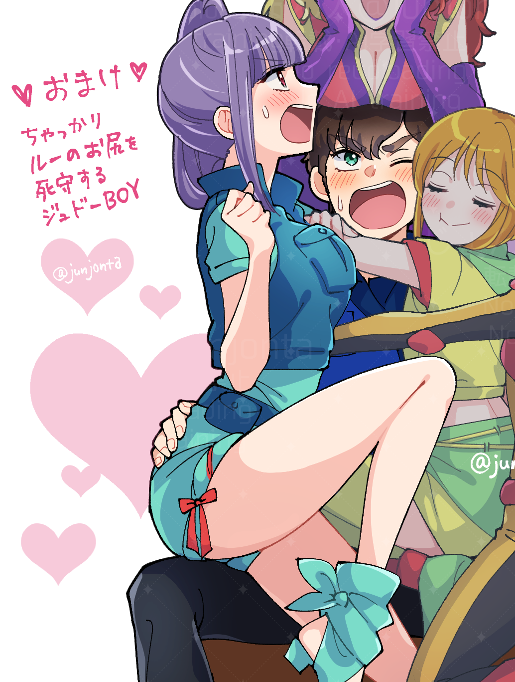 1boy 3girls artist_name blonde_hair blue_vest breasts brown_hair chara_soon cleavage commentary_request elpeo_puru gloves green_eyes green_shirt gundam gundam_zz hand_on_another&#039;s_back harem heart highres hug judau_ashta junjonta large_breasts looking_up medium_breasts multicolored_hair multiple_girls open_mouth purple_gloves purple_hair red_eyes red_ribbon ribbon roux_louka shirt simple_background sitting thighs twitter_username two-tone_hair vest watermark white_background