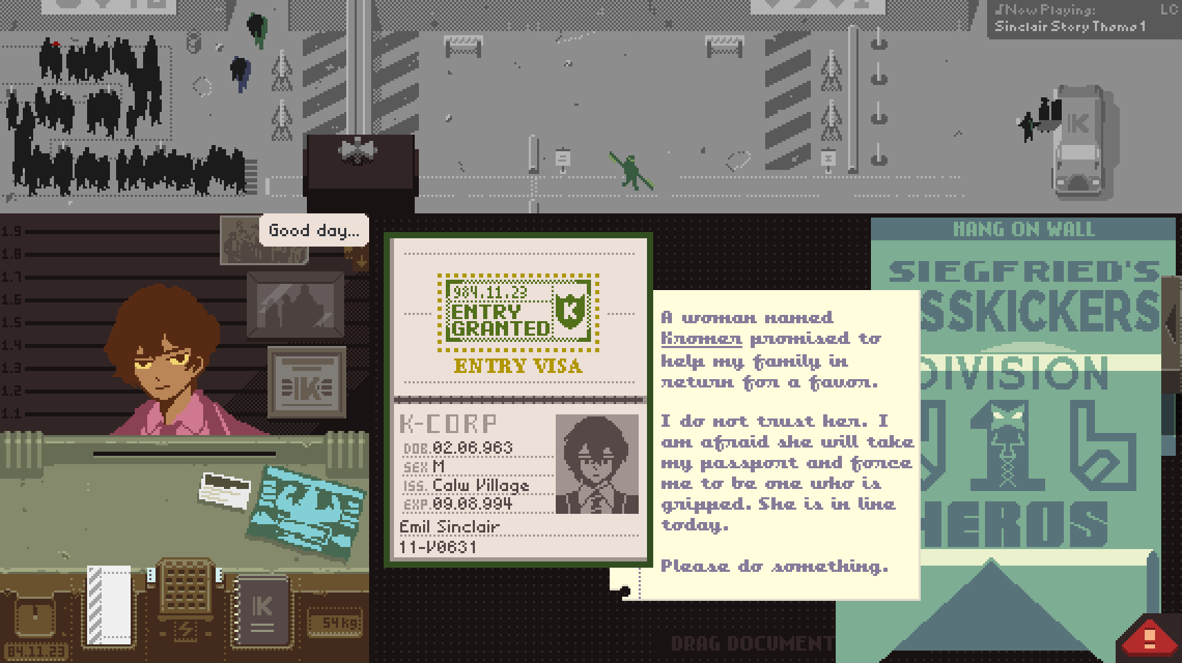 1boy character_name collared_shirt english_text fake_screenshot gameplay_mechanics highres limbus_company looking_at_viewer nervous papers_please passport picture_frame project_moon redm0e shirt short_hair sinclair_(project_moon)