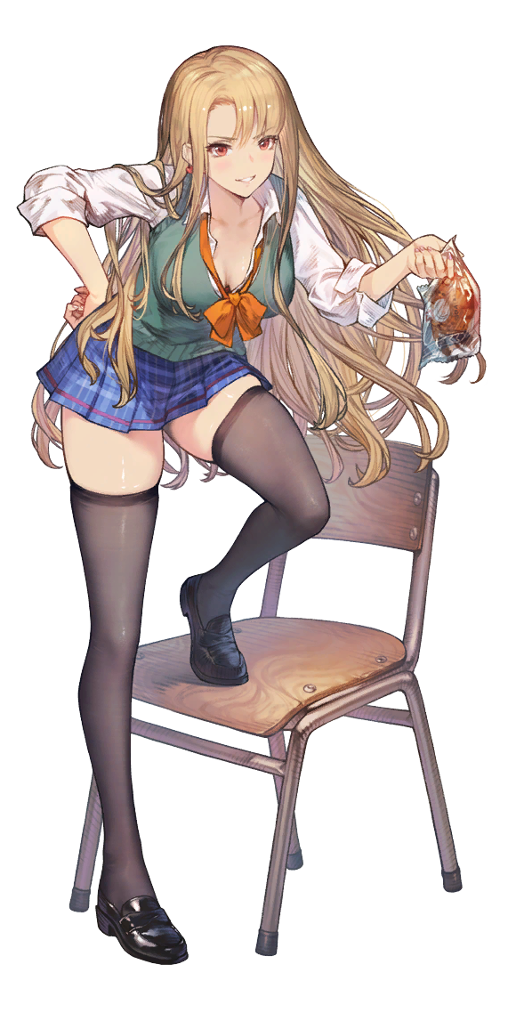 1girl bag black_footwear black_thighhighs blonde_hair blue_skirt breasts brown_dust_(series) brown_dust_2 cardigan chair cleavage emma_(brown_dust) eyebrows_hidden_by_hair food full_body game_cg green_cardigan hair_between_eyes hand_on_own_hip holding holding_bag holding_food large_breasts light_blush long_hair looking_ahead nail_polish non-web_source official_art on_chair open_mouth partially_unbuttoned red_eyes school_chair school_uniform shirt simple_background skindentation skirt smirk solo standing standing_on_chair teeth thighhighs tiptoes transparent_background very_long_hair white_shirt